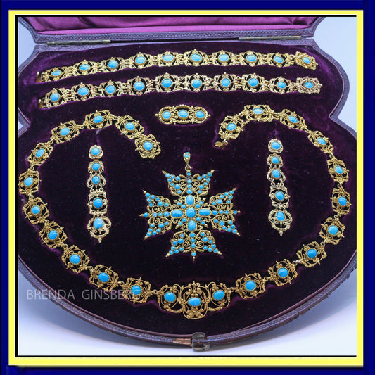 Antique Victorian Jewelry Set Parure Gold Turquoise earrings bracelets necklace brooch