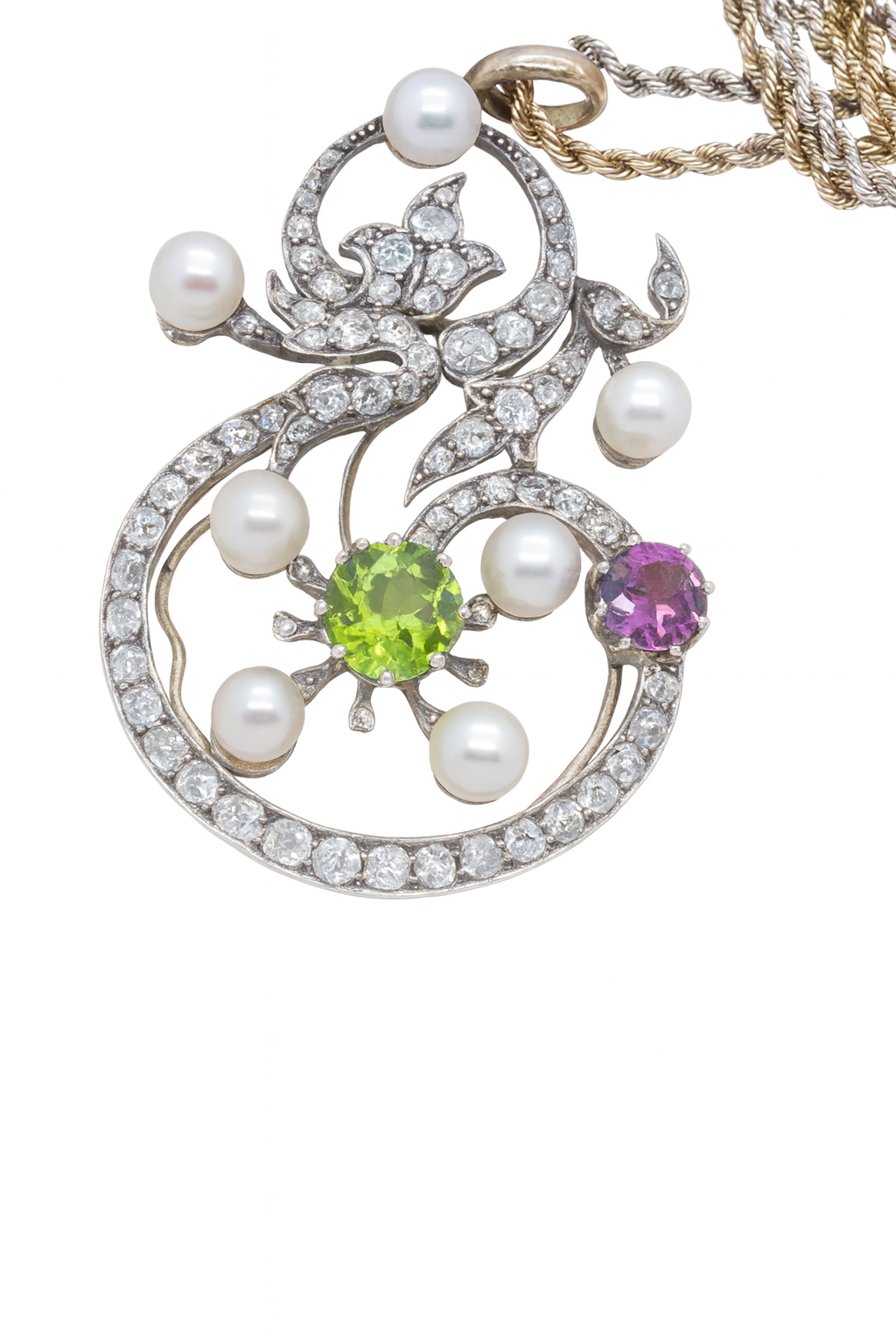 Antique Suffragette Pendant Necklace Gold Plat Diamonds Pearls Peridot (6989)