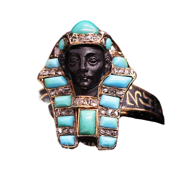 Victorian Egyptian Revival Ring 18k Gold Diamonds Turquoise Enamel