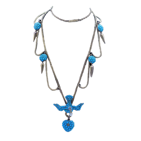 Victorian Necklace Gold Turquoise Diamond Pearl Bird Locket (6990