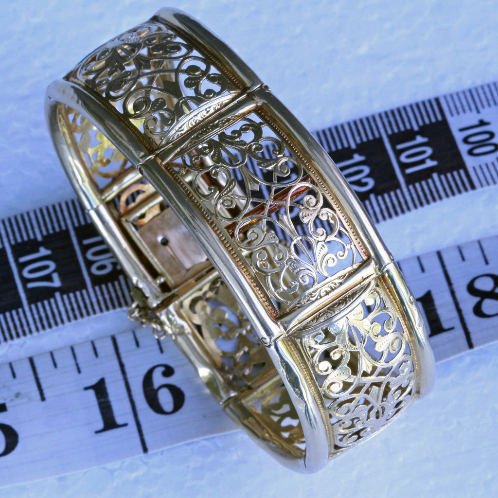 Antique Victorian cuff bracelet bangle 18k gold openwork LAROCHE Paris Box (7310)
