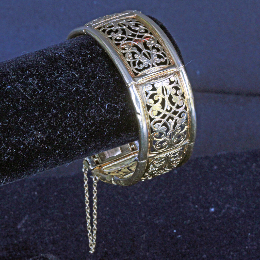 Antique Victorian cuff bracelet bangle 18k gold openwork LAROCHE Paris Box (7310)