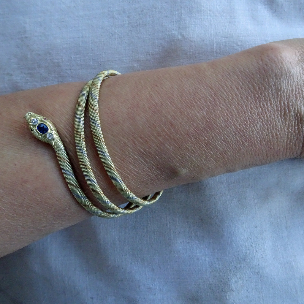 Antique Art Deco snake bangle bracelet gold diamonds sapphires emeralds (7332)
