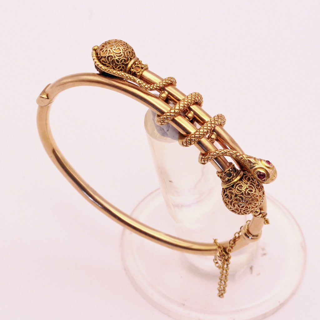 Victorian snake bangle bracelet 14k gold filigre Antique Etruscan Revival (7373)