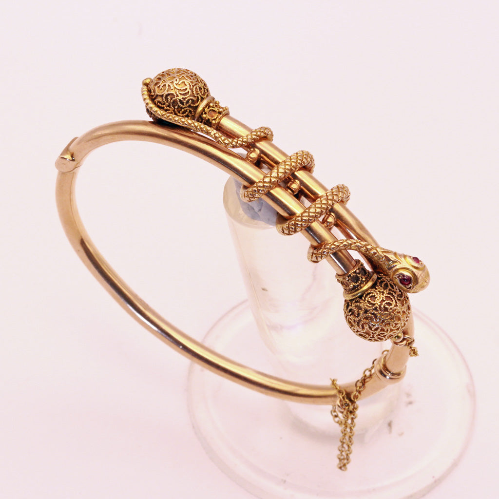 Victorian snake bangle bracelet 14k gold filigre Antique Etruscan Revival (7373)