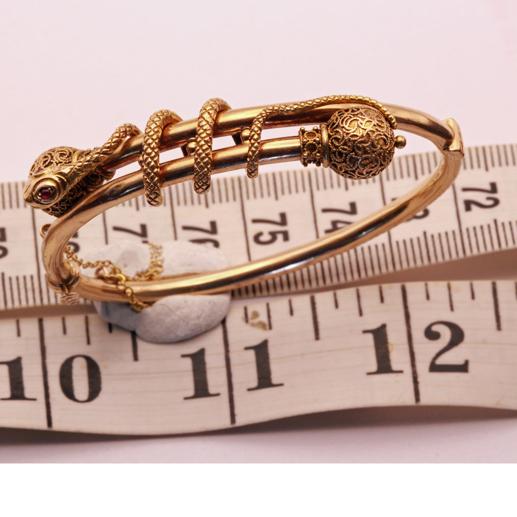 Victorian snake bangle bracelet 14k gold filigre Antique Etruscan Revival (7373)