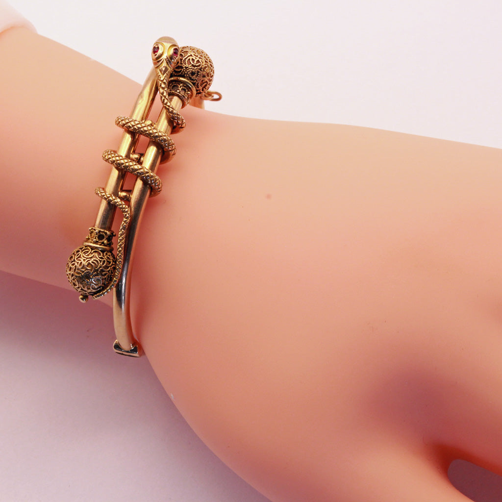 Victorian snake bangle bracelet 14k gold filigre Antique Etruscan Revival (7373)