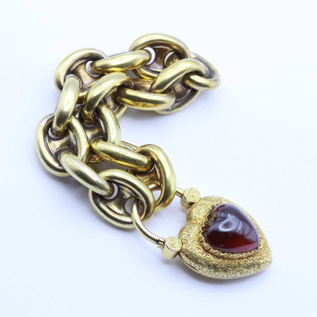 Antique Georgian gold chain bracelet w heart padlock locket huge garnet (7396)