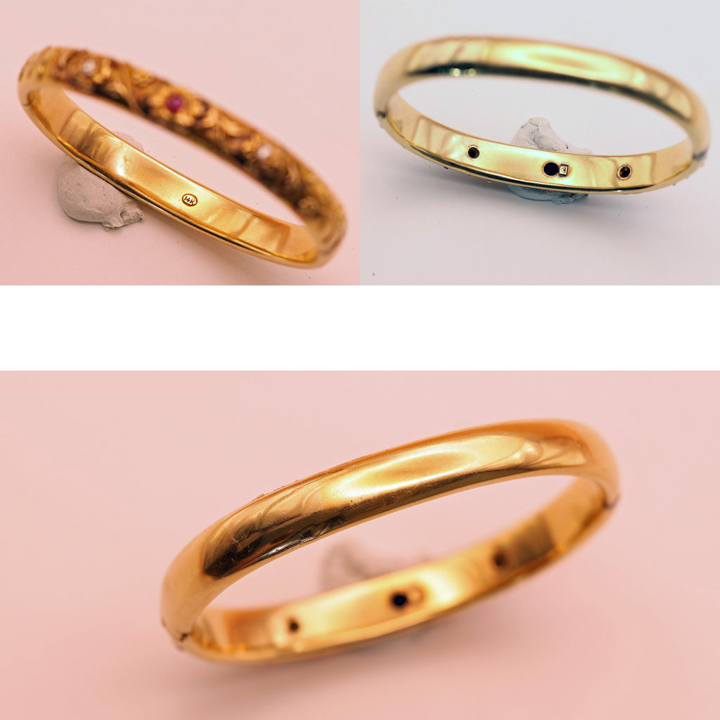 Antique Art Nouveau bangle bracelet 14k gold ruby diamonds flowers American(7568)