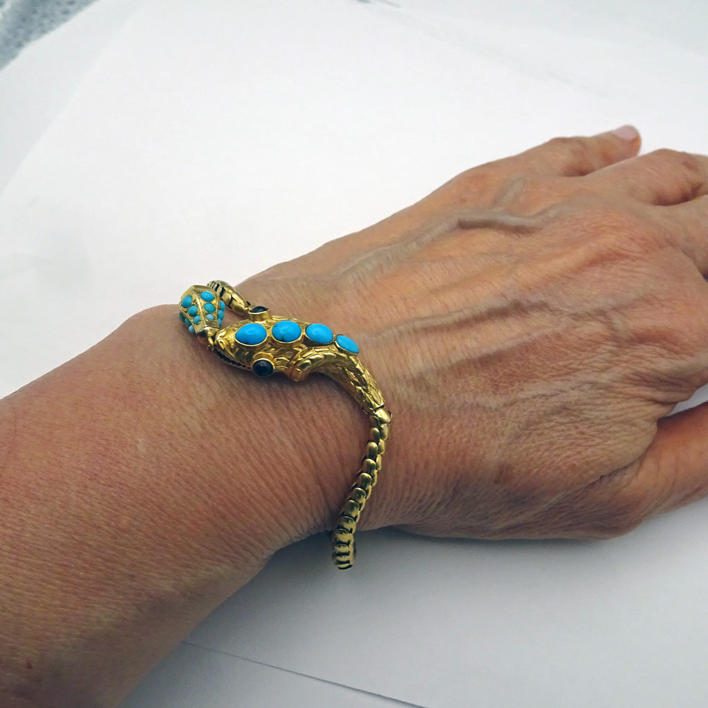 Antique Victorian bracelet snake gold turquoise garnets amethyst (7584)