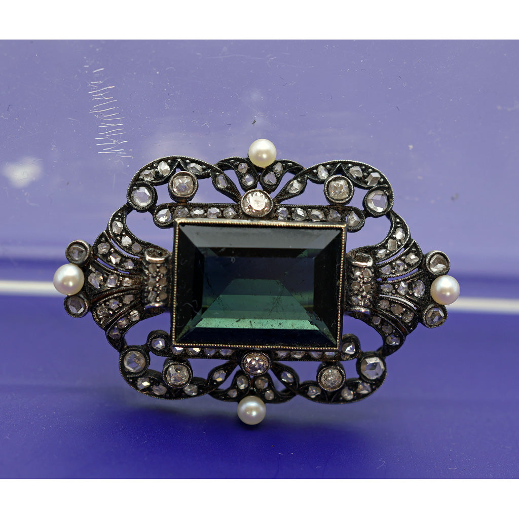 Antique Victorian brooch pin gold silver green tourmaline diamonds pearls (4199)