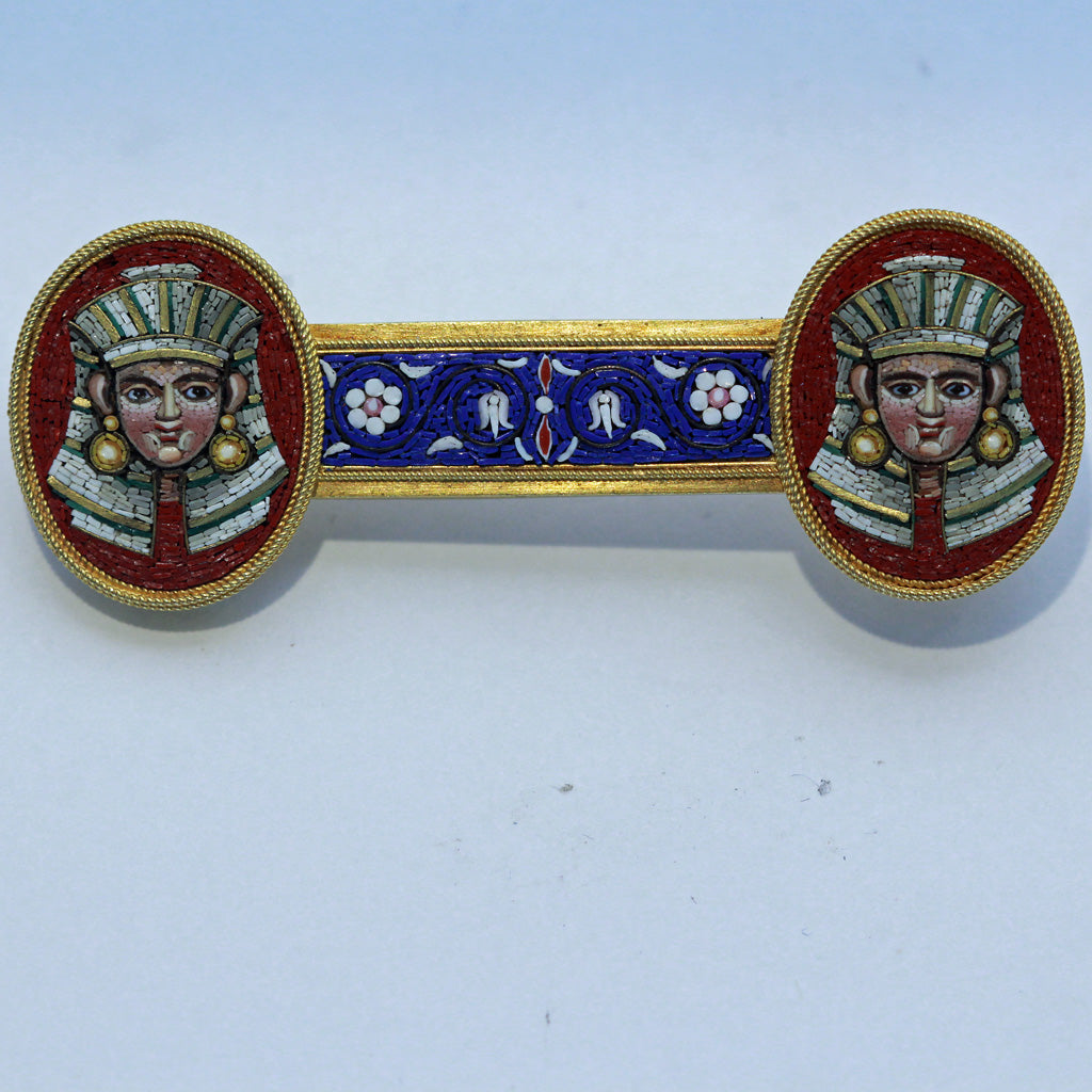 Victorian Egyptian Revival Micromosaic Brooch 18k Gold Pharaoh Unisex (6840)