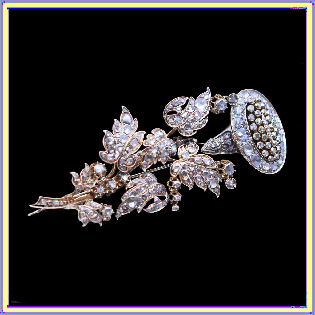 Antique Georgian Brooch Pendant Gold Diamonds Floral En Tremblant (6936)