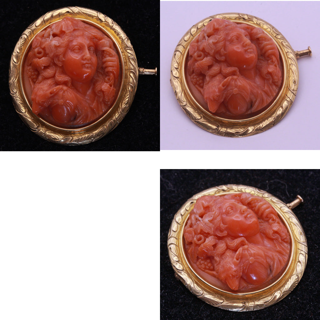 Antique Georgian Brooch 18C coral cameo mythological wine god animal gold (7302)