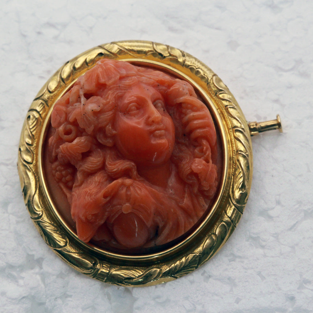 Antique Georgian Brooch 18C coral cameo mythological wine god animal gold (7302)