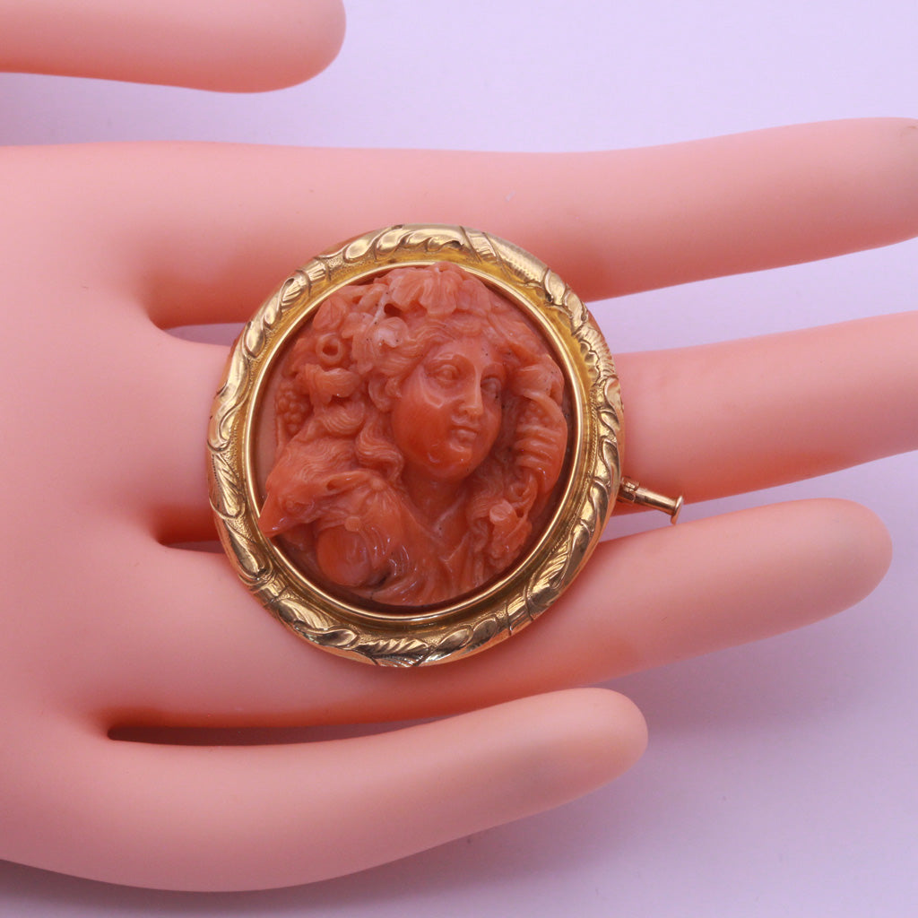 Antique Georgian Brooch 18C coral cameo mythological wine god animal gold (7302)