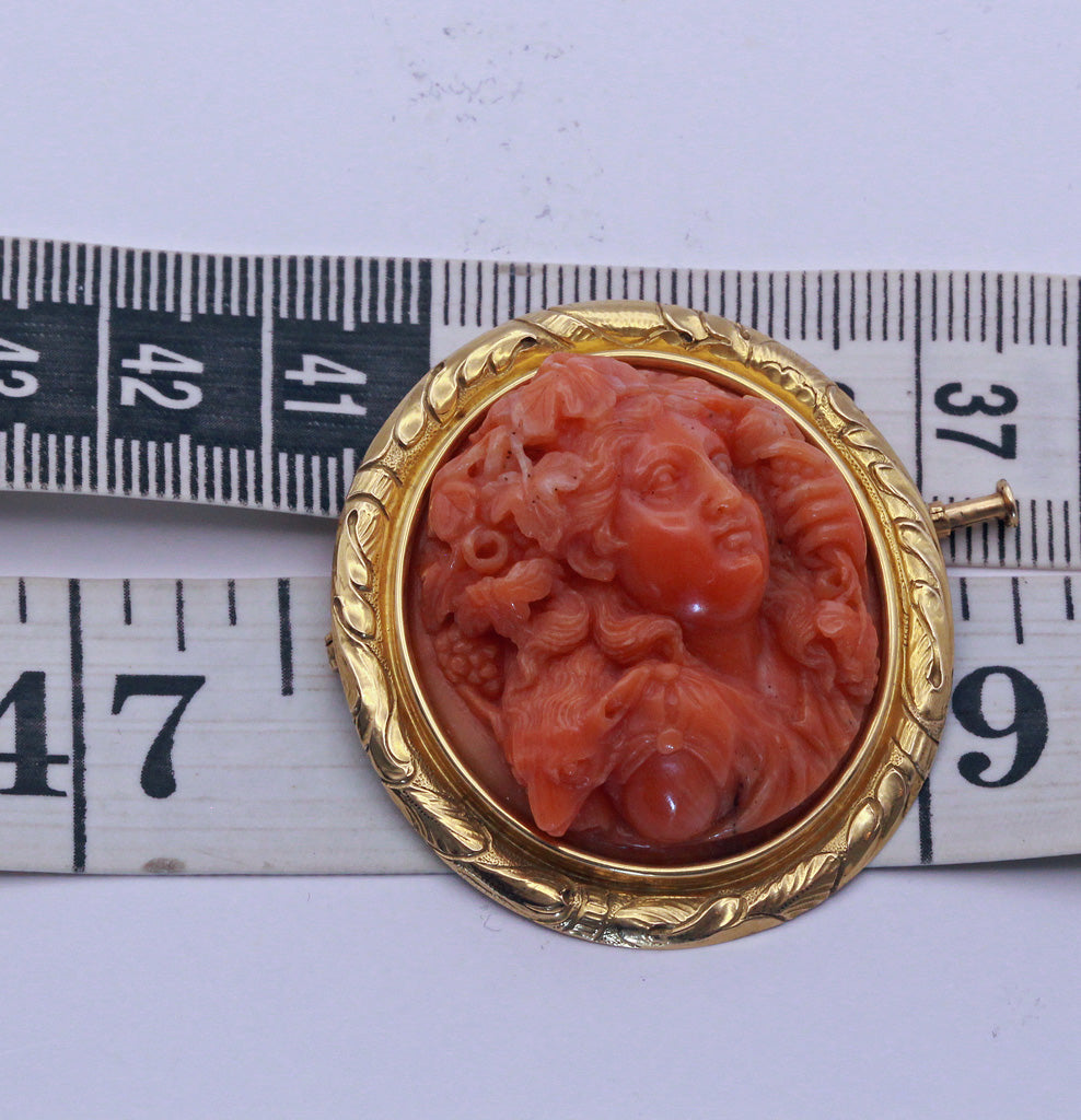 Antique Georgian Brooch 18C coral cameo mythological wine god animal gold (7302)