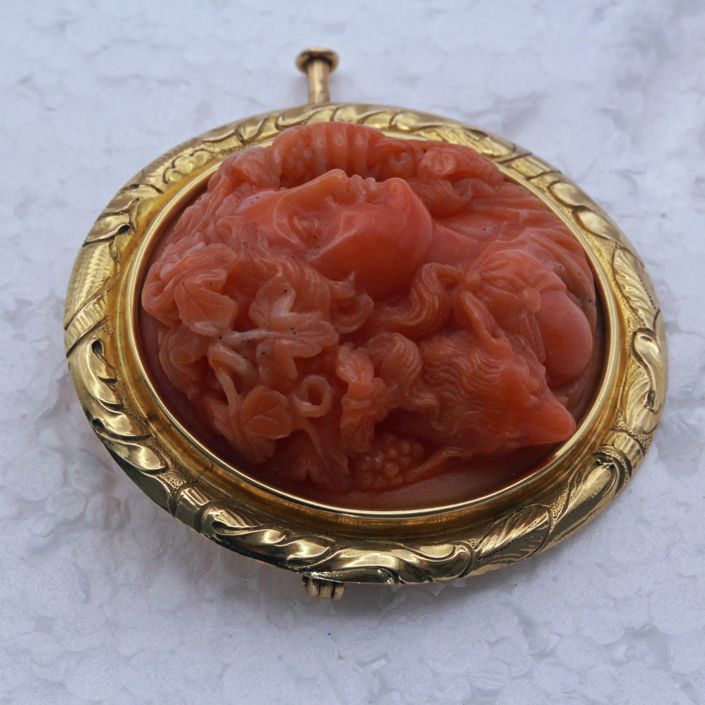 Antique Georgian Brooch 18C coral cameo mythological wine god animal gold (7302)