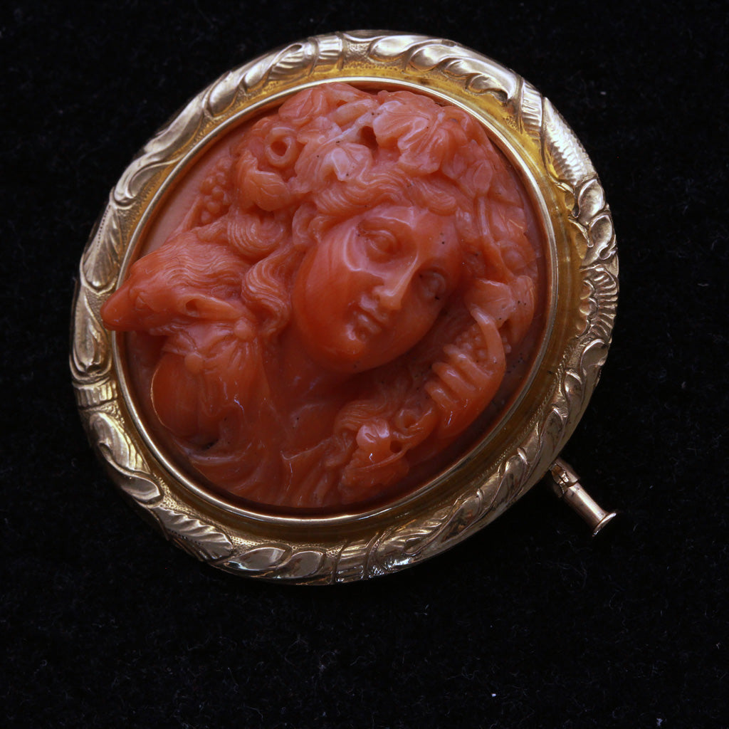 Antique Georgian Brooch 18C coral cameo mythological wine god animal gold (7302)