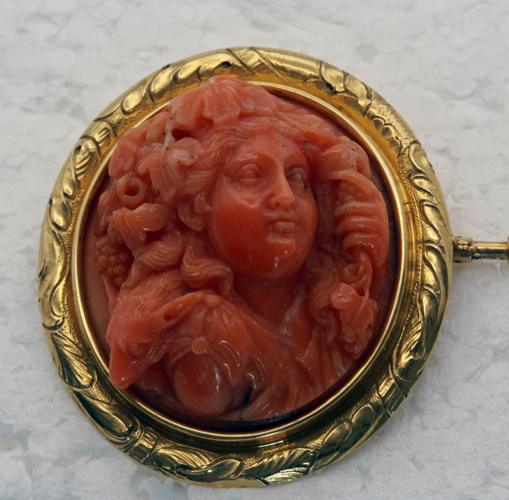 Antique Georgian Brooch 18C coral cameo mythological wine god animal gold (7302)