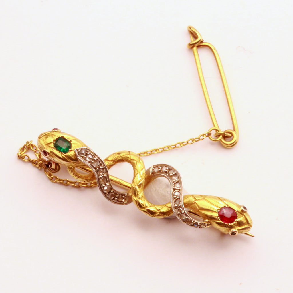 Antique Victorian Brooch snakes 18k gold silver emeralds rubies diamonds(7307)