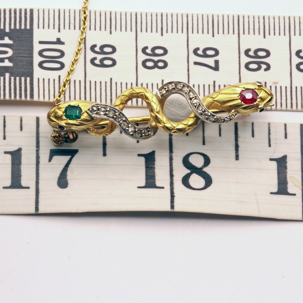 Antique Victorian Brooch snakes 18k gold silver emeralds rubies diamonds(7307)