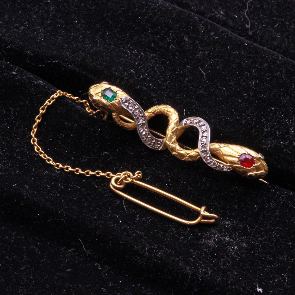 Antique Victorian Brooch snakes 18k gold silver emeralds rubies diamonds(7307)