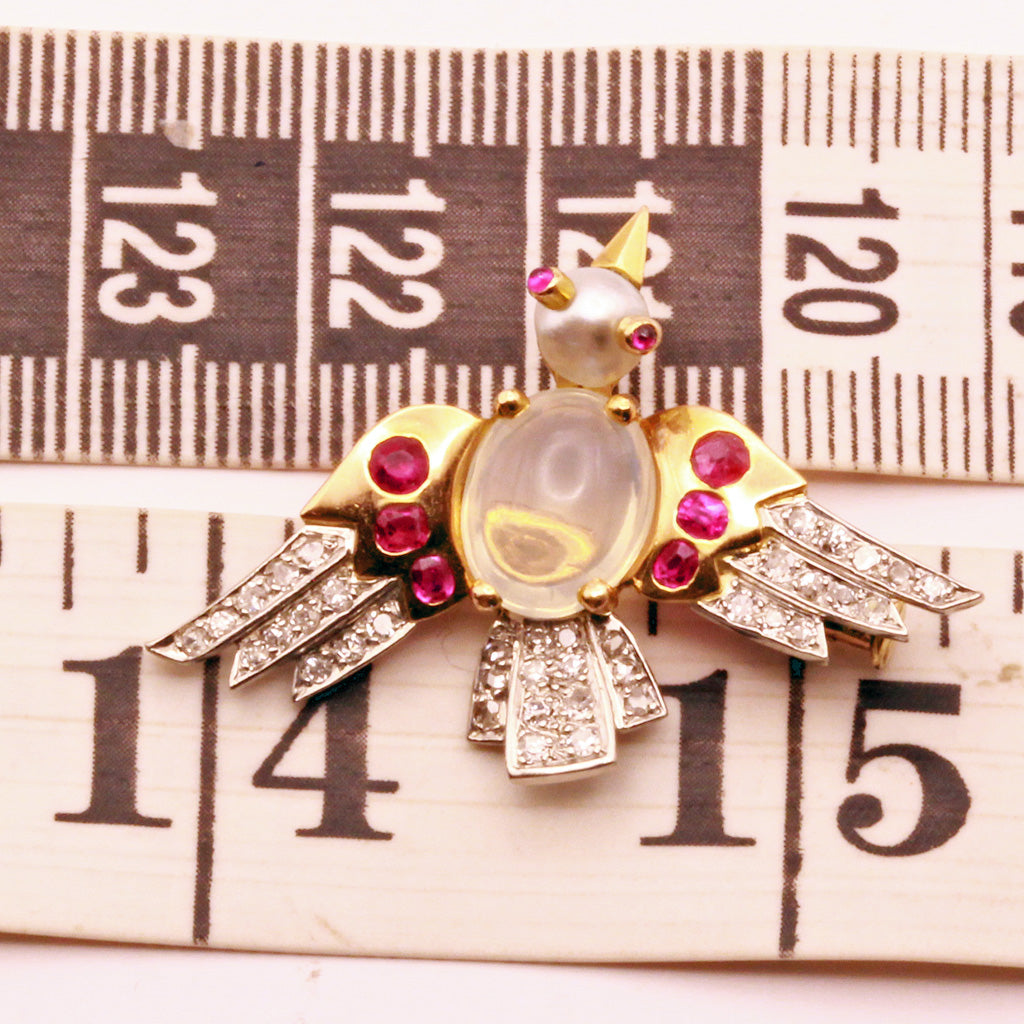 Retro Vintage brooch gold platin diamonds ruby moonstone pearl French bird (7324