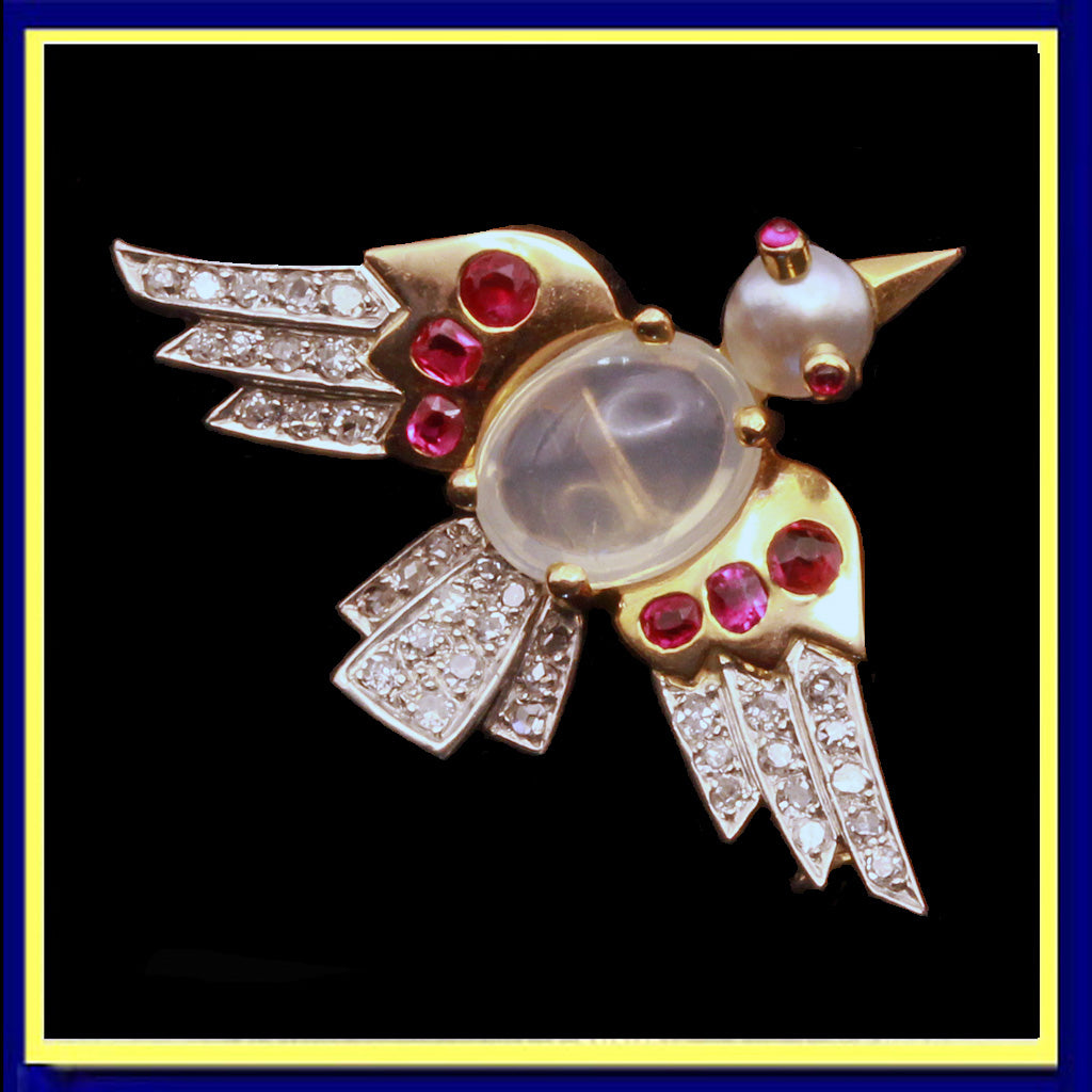 retro vintage brooch gold platinum diamonds ruby moonstone pearl French unisex