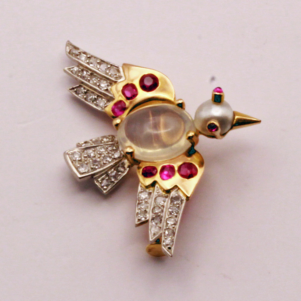 Retro Vintage brooch gold platin diamonds ruby moonstone pearl French bird (7324