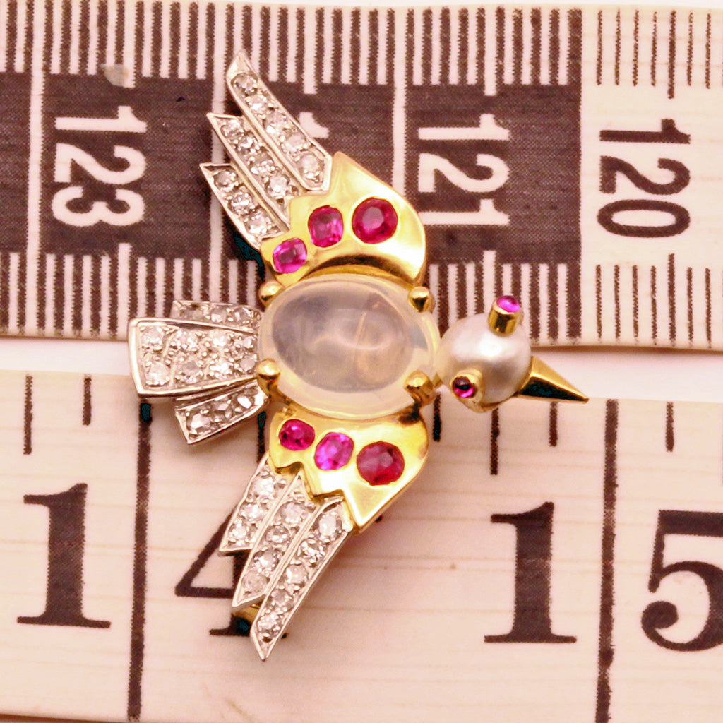 Retro Vintage brooch gold platin diamonds ruby moonstone pearl French bird (7324