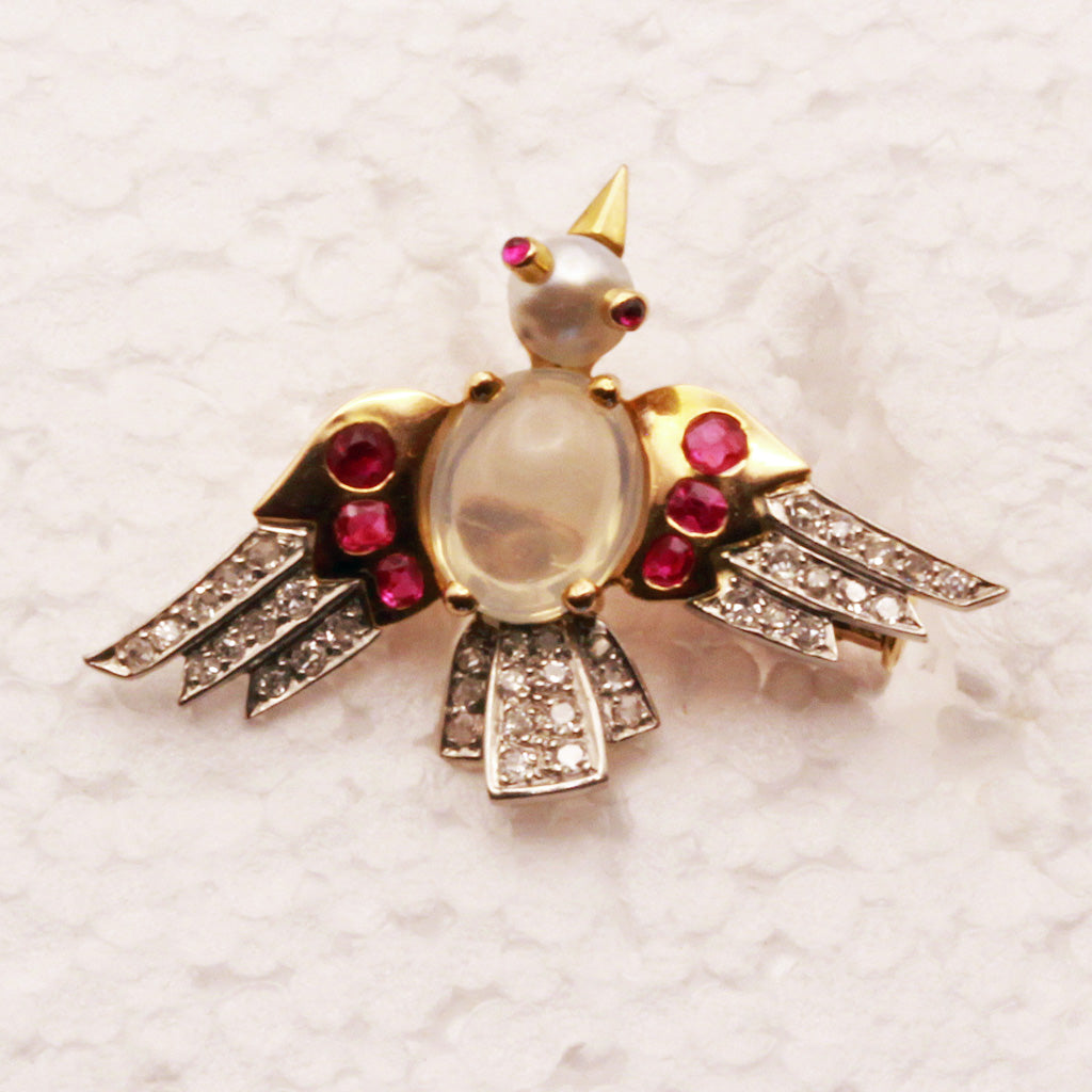 Retro Vintage brooch gold platin diamonds ruby moonstone pearl French bird (7324