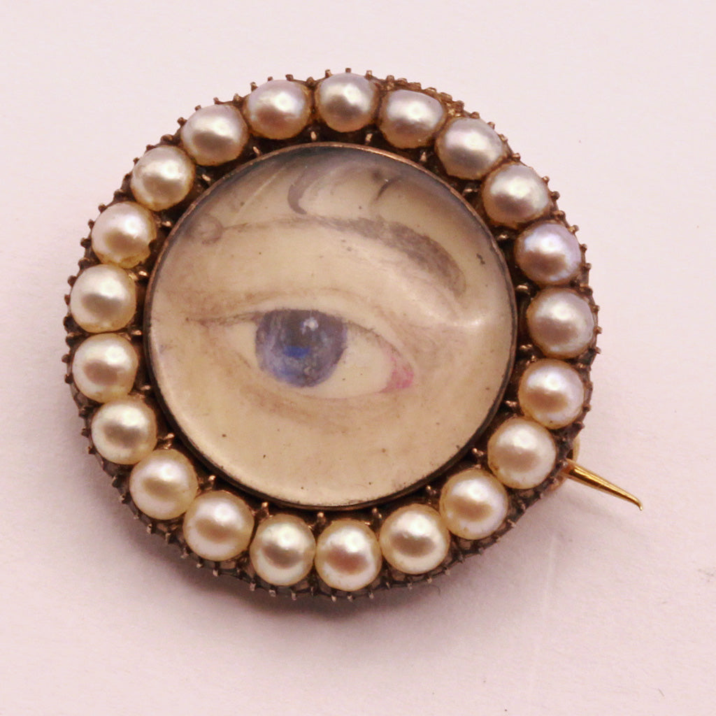 Antique Georgian miniature eye brooch with locket Gold pearls Unisex (7348)