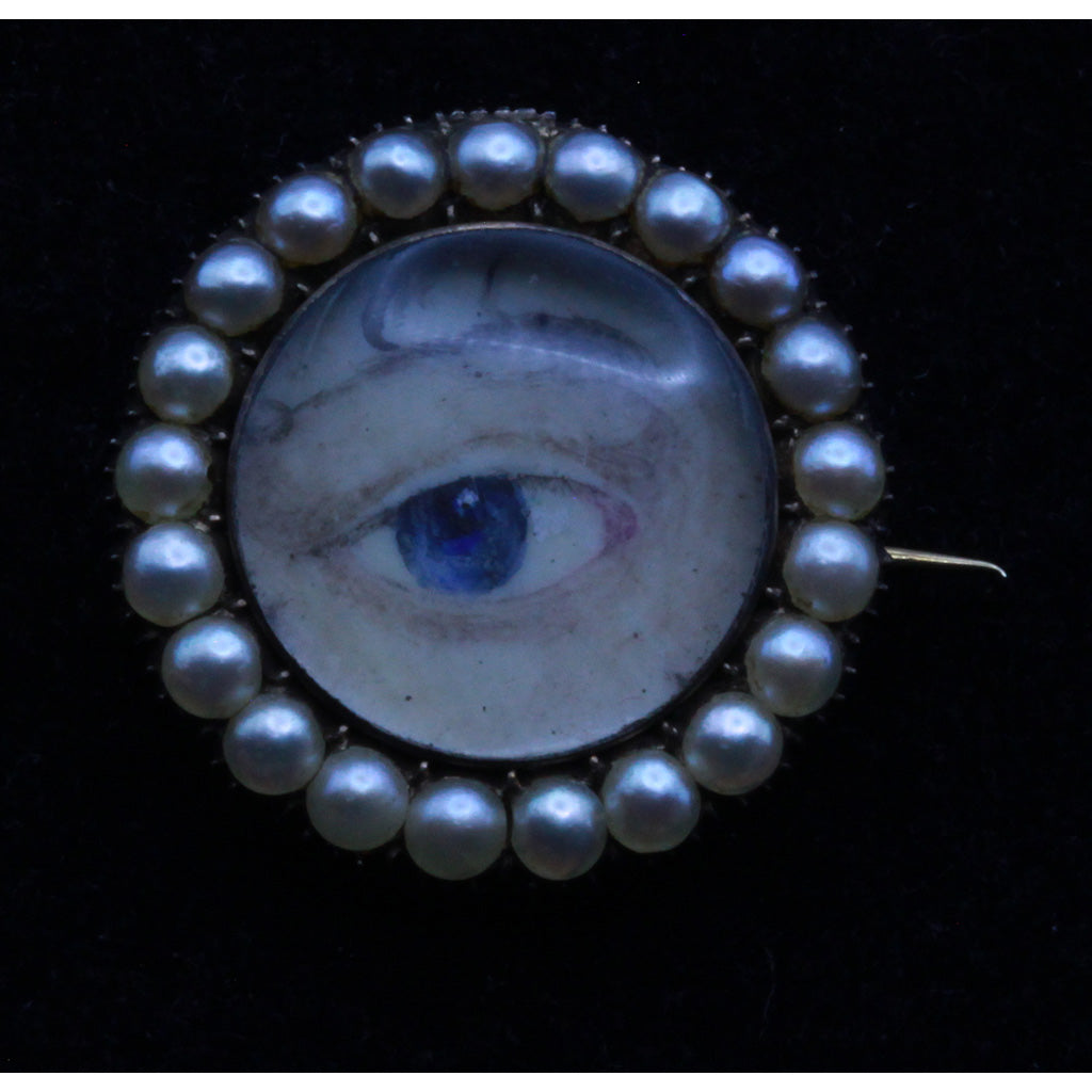 Antique Georgian miniature eye brooch with locket Gold pearls Unisex (7348)