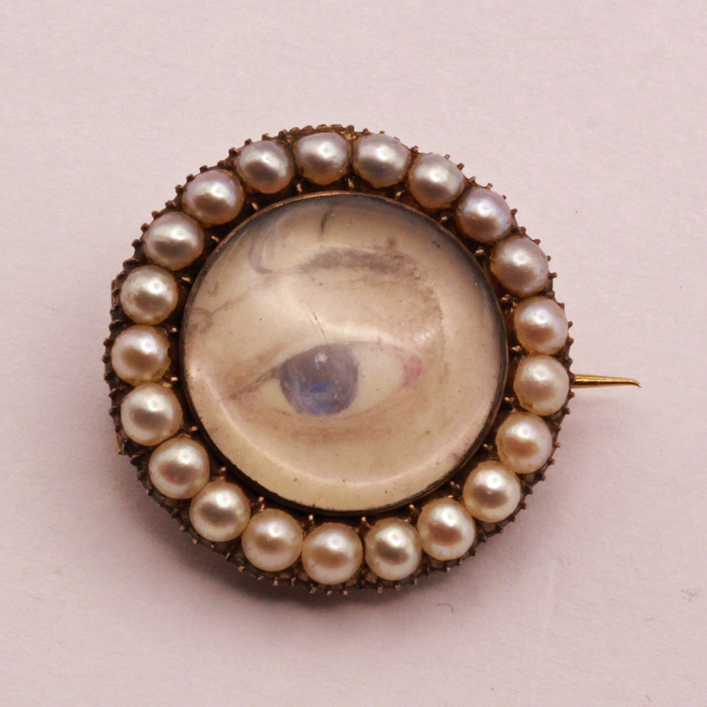 Antique Georgian miniature eye brooch with locket Gold pearls Unisex (7348)