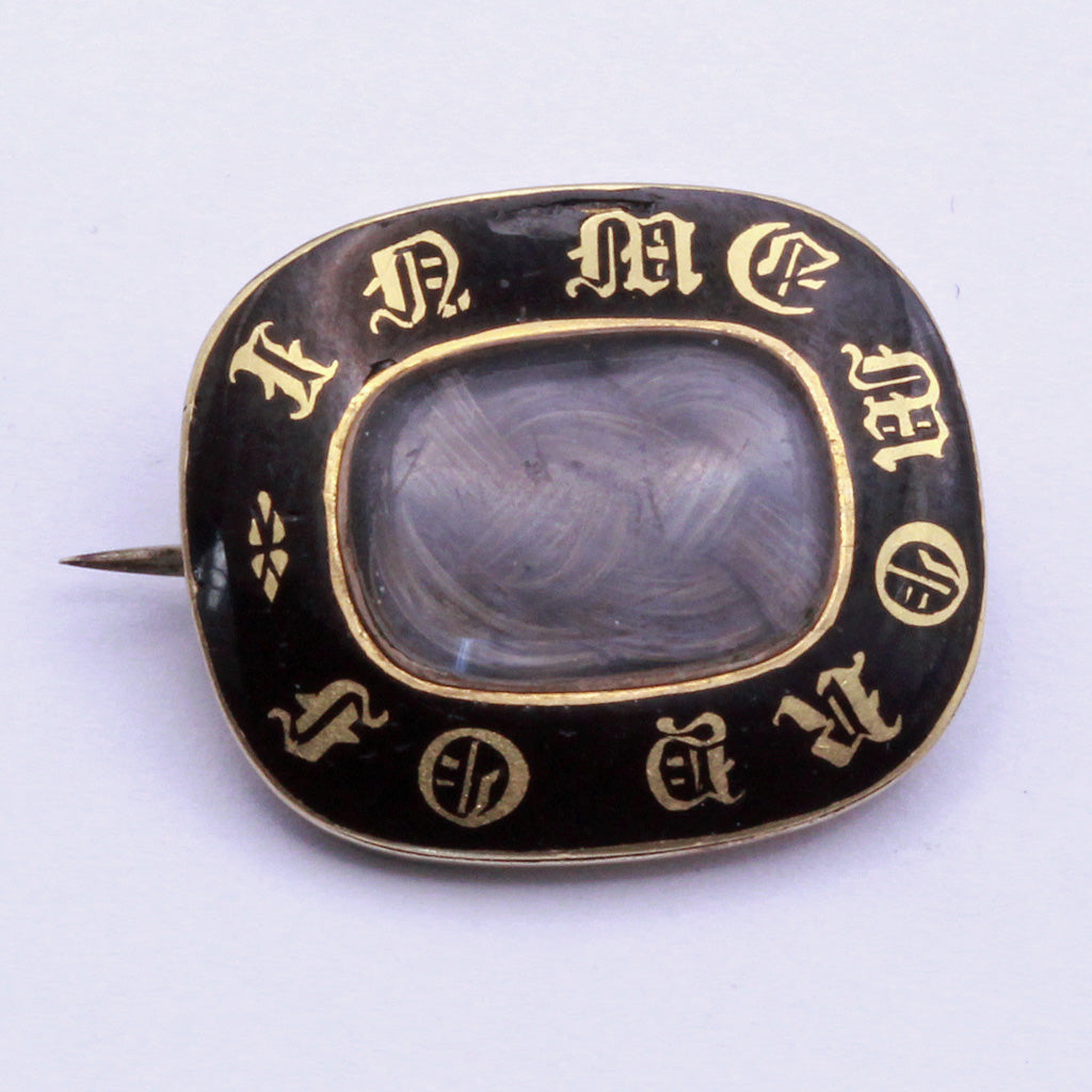 Antique Victorian Mourning Brooch Gold Enamel IN MEMORY OF Memento Mori (7351)