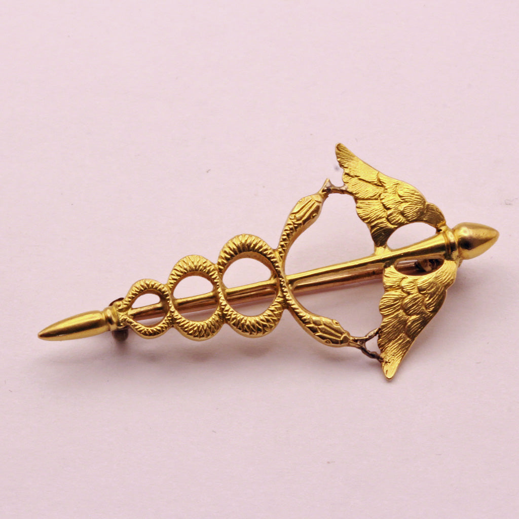 Antique Victorian Caduceus Brooch 18k Gold Winged Snakes Medicine Doctors (7352)