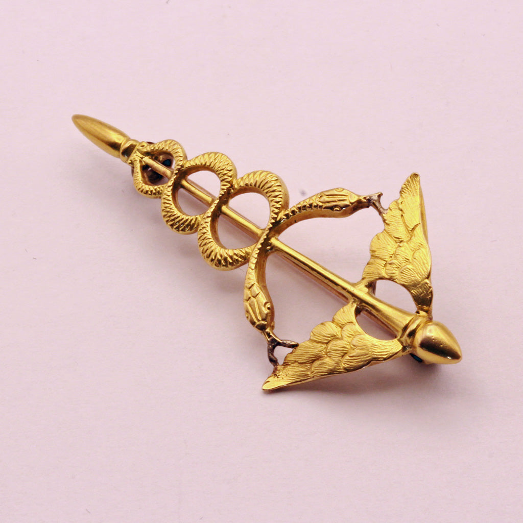 Antique Victorian Caduceus Brooch 18k Gold Winged Snakes Medicine Doctors (7352)