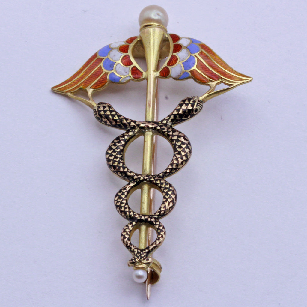 Victorian Caduceus Brooch gold pearls enamel Snakes Doctors GIULIANO (7353)