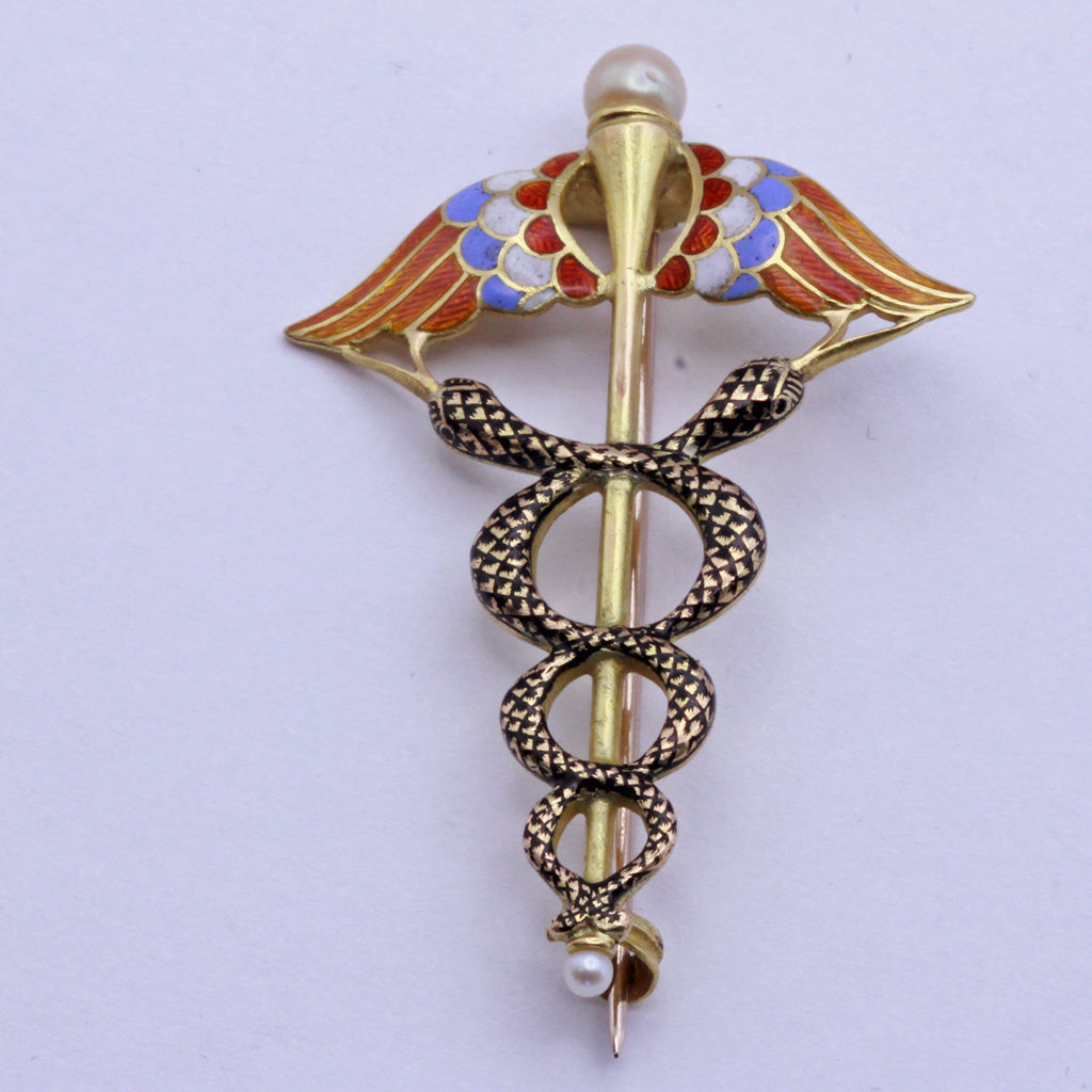 Victorian Caduceus Brooch gold pearls enamel Snakes Doctors GIULIANO (7353)