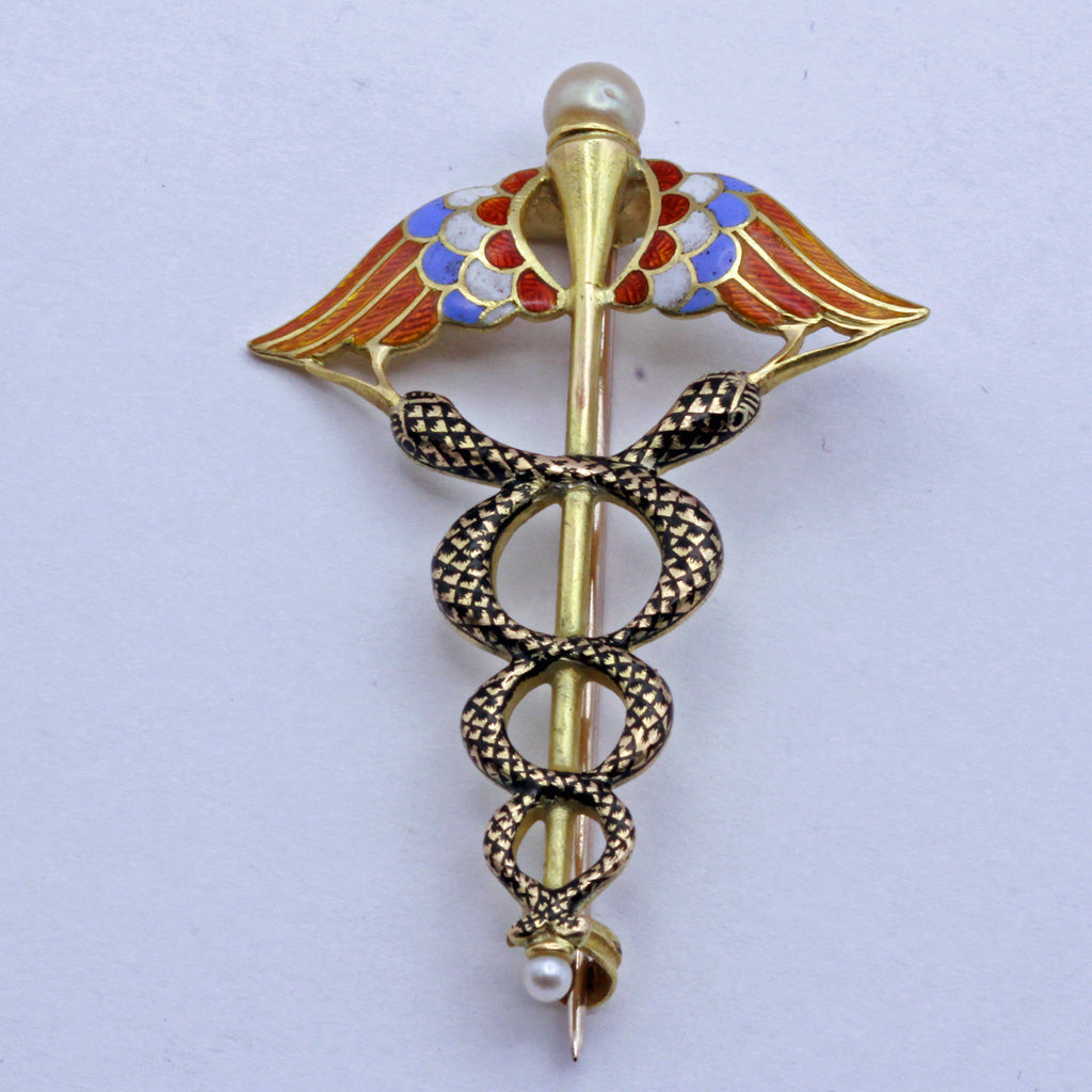 Victorian Caduceus Brooch gold pearls enamel Snakes Doctors GIULIANO (7353)