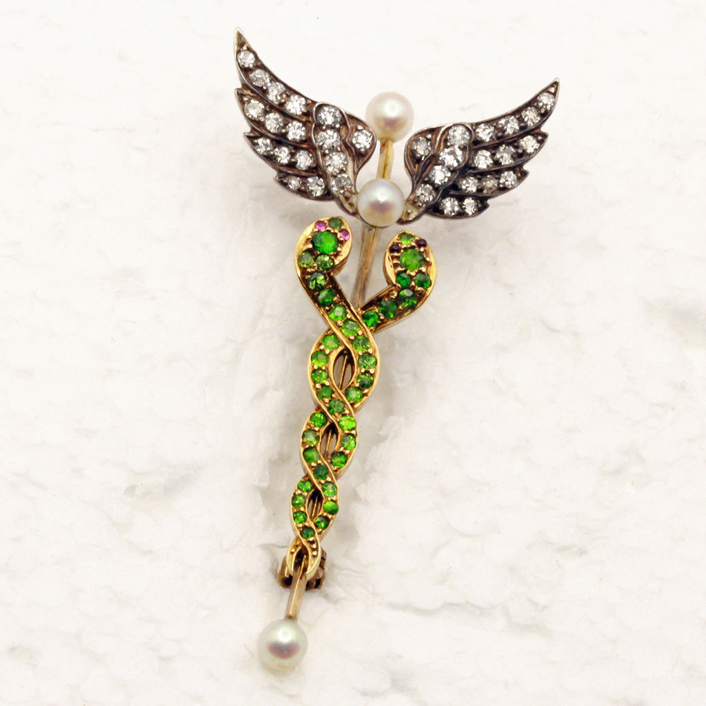 Victorian Caduceus brooch gold demantoid garnets diamonds pearls snakes (7354)