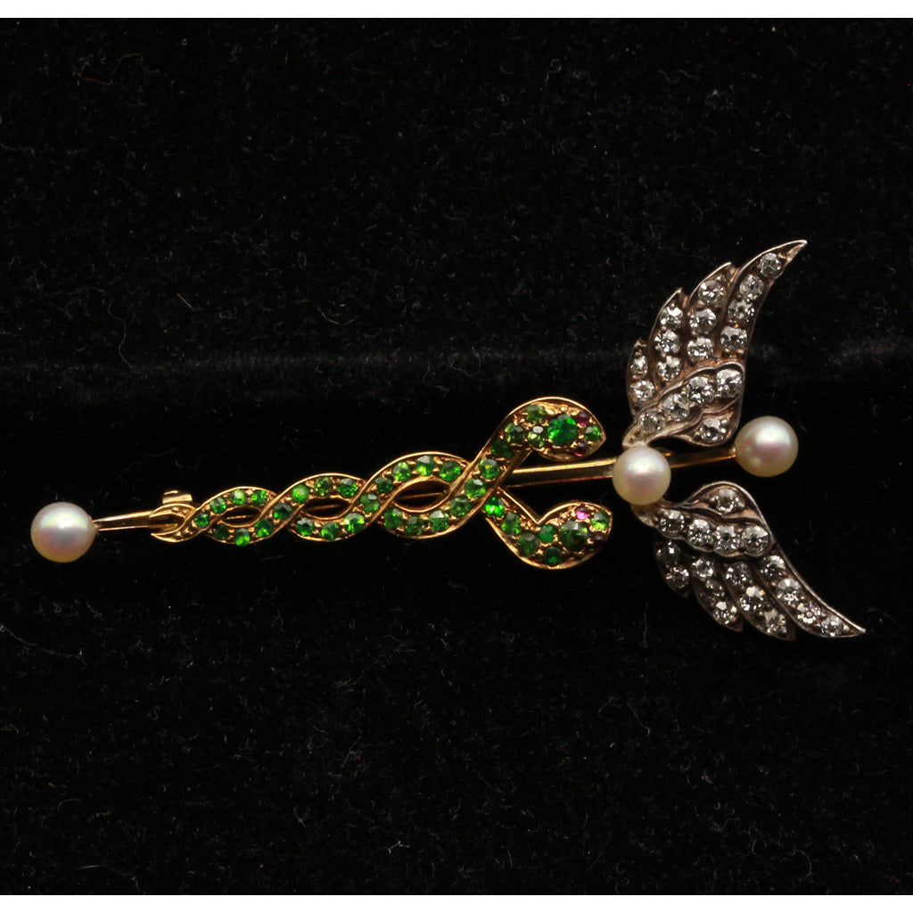 Victorian Caduceus brooch gold demantoid garnets diamonds pearls snakes (7354)