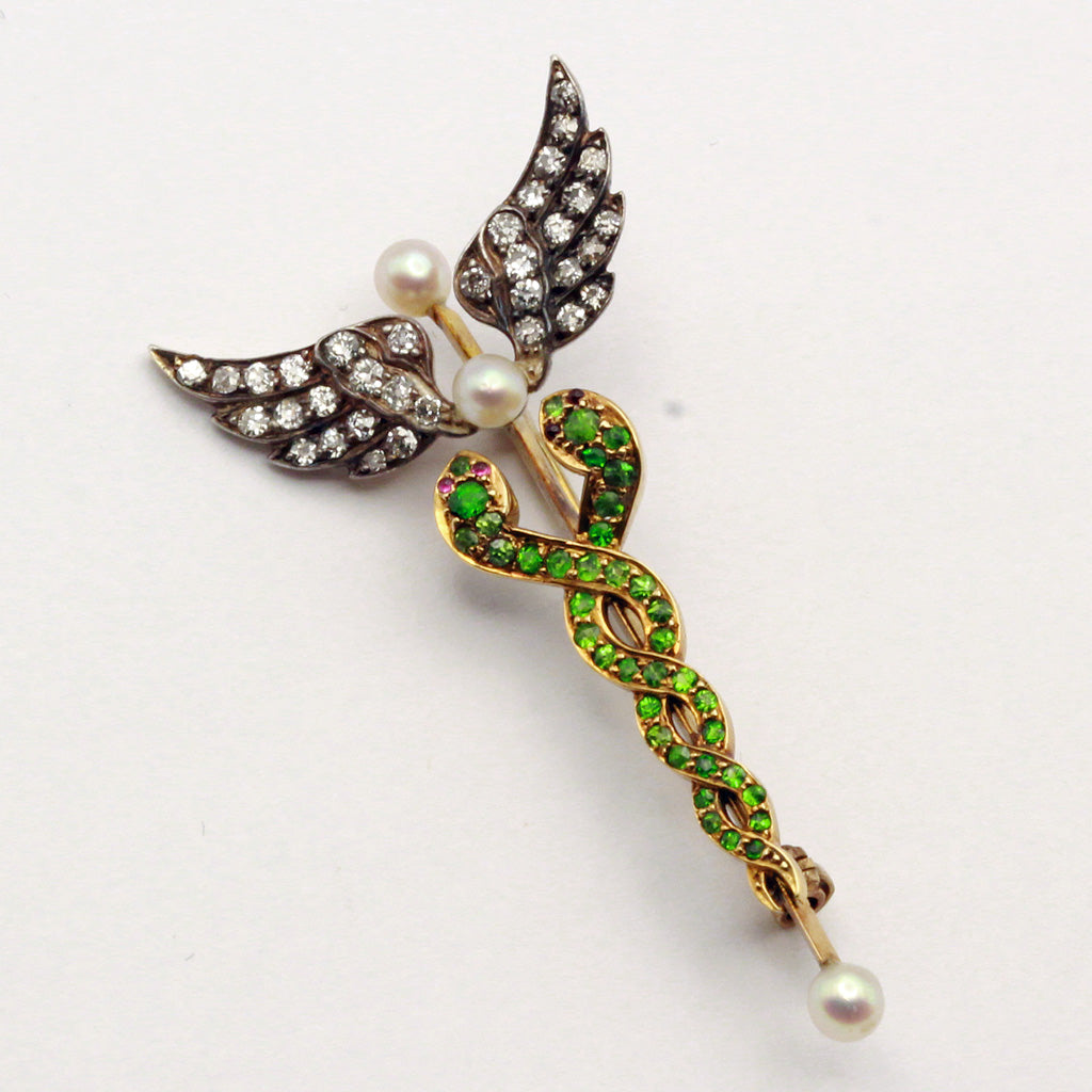 Victorian Caduceus brooch gold demantoid garnets diamonds pearls snakes (7354)