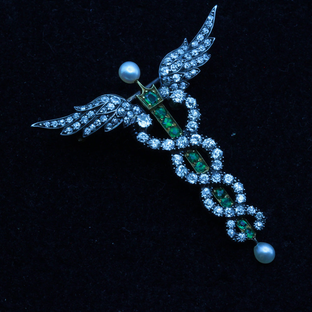Antique pendant brooch Caduceus snakes gold diamonds emeralds pearls (7358)
