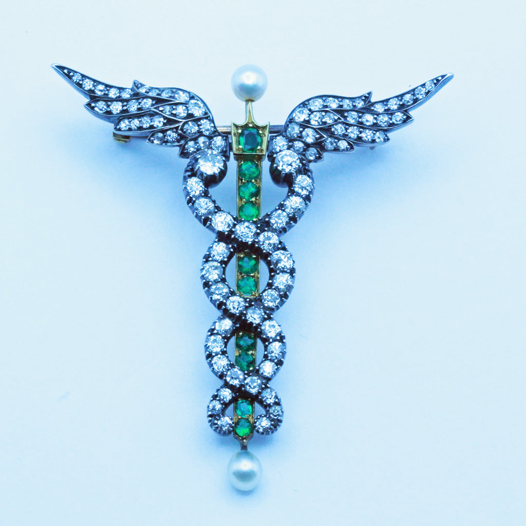 Antique pendant brooch Caduceus snakes gold diamonds emeralds pearls (7358)