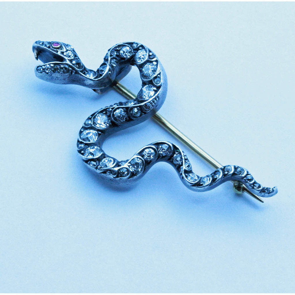 Antique Victorian snake brooch diamonds gold silver rubies serpent Unisex (7359)