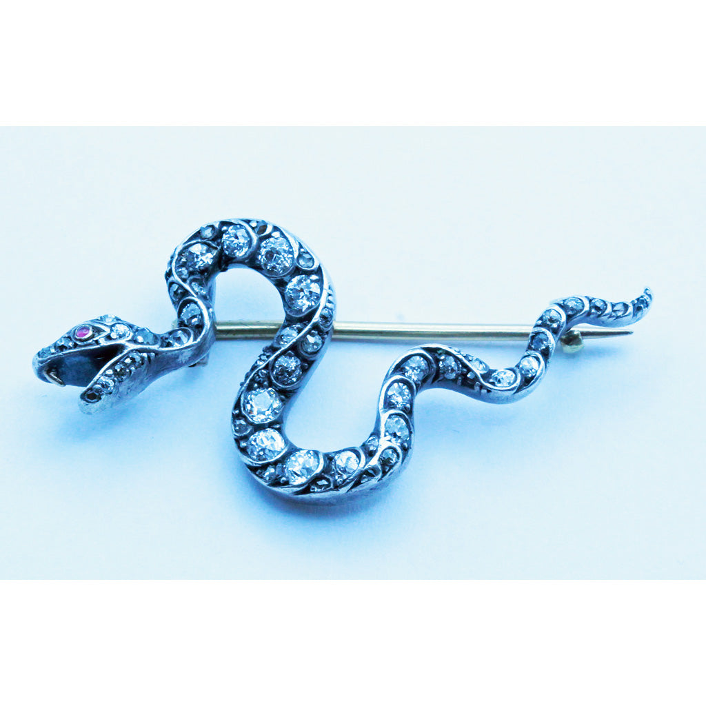 Antique Victorian snake brooch diamonds gold silver rubies serpent Unisex (7359)