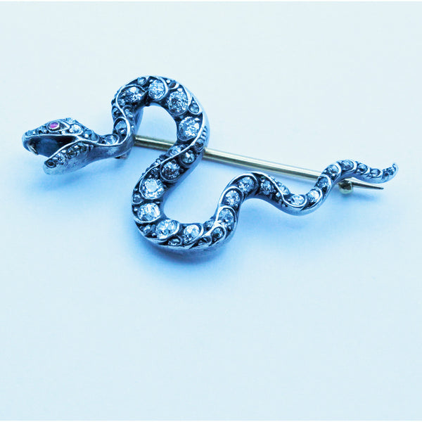 Antique Victorian Snake Brooch Gold Diamonds Rubies Unisex (7359