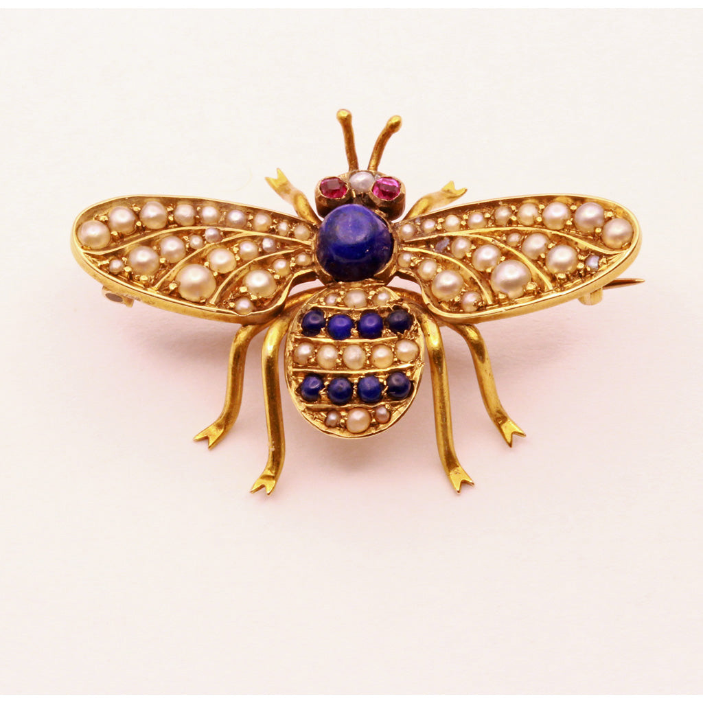 Antique Victorian Brooch Bee Gold lapis lazuli pearls rubies bee Unisex (7366)